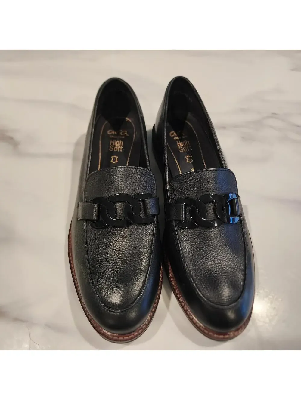 Ara Black Leather Loafers Women's Size 8 Chain Accent Comfort Shoes NWOB